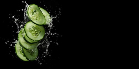 Round green slices of cucumber, close-up on black background. Splashes of water from different directions fall on the dark texture. Dynamics. Fresh, transparent product. Copy space.