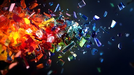 Shattered Glass in Color: A mid-air explosion of colored glass shards, capturing the moment of impact as the pieces scatter and reflect light.
