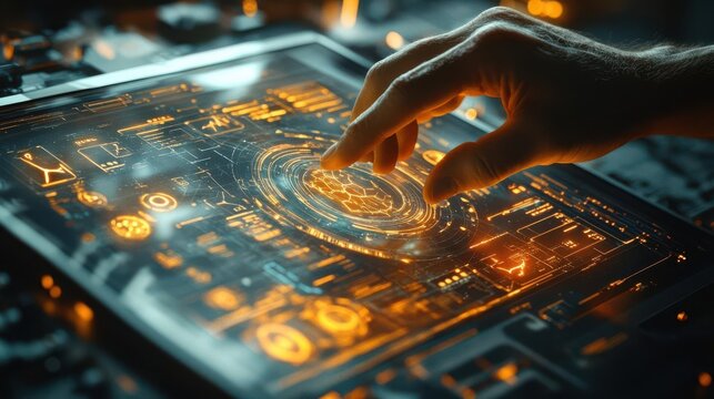 Craft a panoramic view of a digital tablet showcasing wind turbine schematics, an engineers hand manipulating a hologram overlay with a soft neon glow, in a cyber-tech style