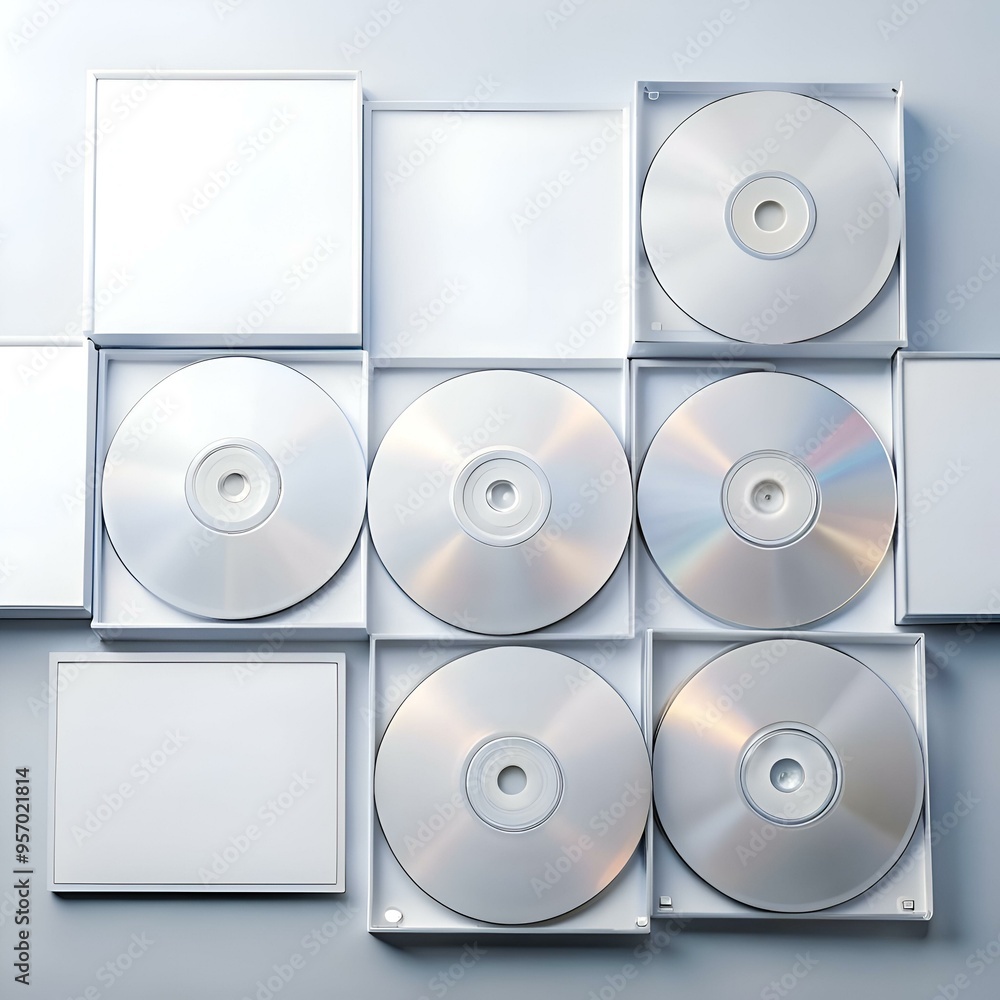 Poster a grid of six blank cds in white cases. perfect for showcasing your own design or message.