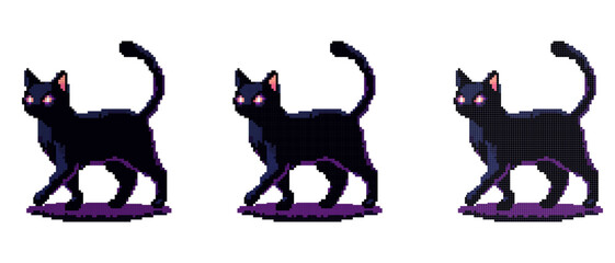 Pixel black cat with glowing eyes on a white background.