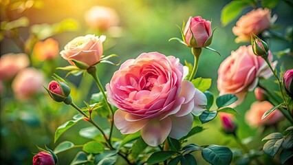 Fototapeta premium Delicate soft focus capture of a lush rose bush, highlighting velvety petals, tender buds, and intricate textures set against a subtle blurred green backdrop.