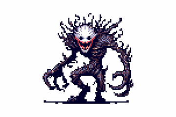 A menacing pixel art creature with a white, grinning face, surrounded by dark, spiky protrusions stands ready.