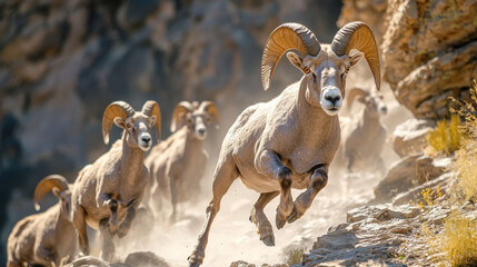 Bighorn Sheep Running Through Rocky Mountains