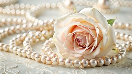 Delicate, soft-focus rose bloom nestled beside an elegant, creamy vintage pearl necklace with intricate metalwork, exuding classic romance and timeless sophistication on a subtle background.
