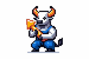 Obraz premium A pixelated bull with horns and a tail in a blue jumpsuit stands in a fighting stance, holding a golden arrow in his hands. Graph up.