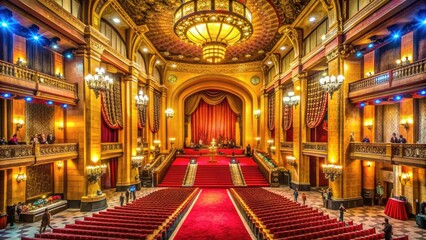 Obraz premium The iconic Academy Awards ceremony venue, a grand historic theater with ornate details, red carpet, and gleaming golden accents, awaiting Hollywood's biggest stars.