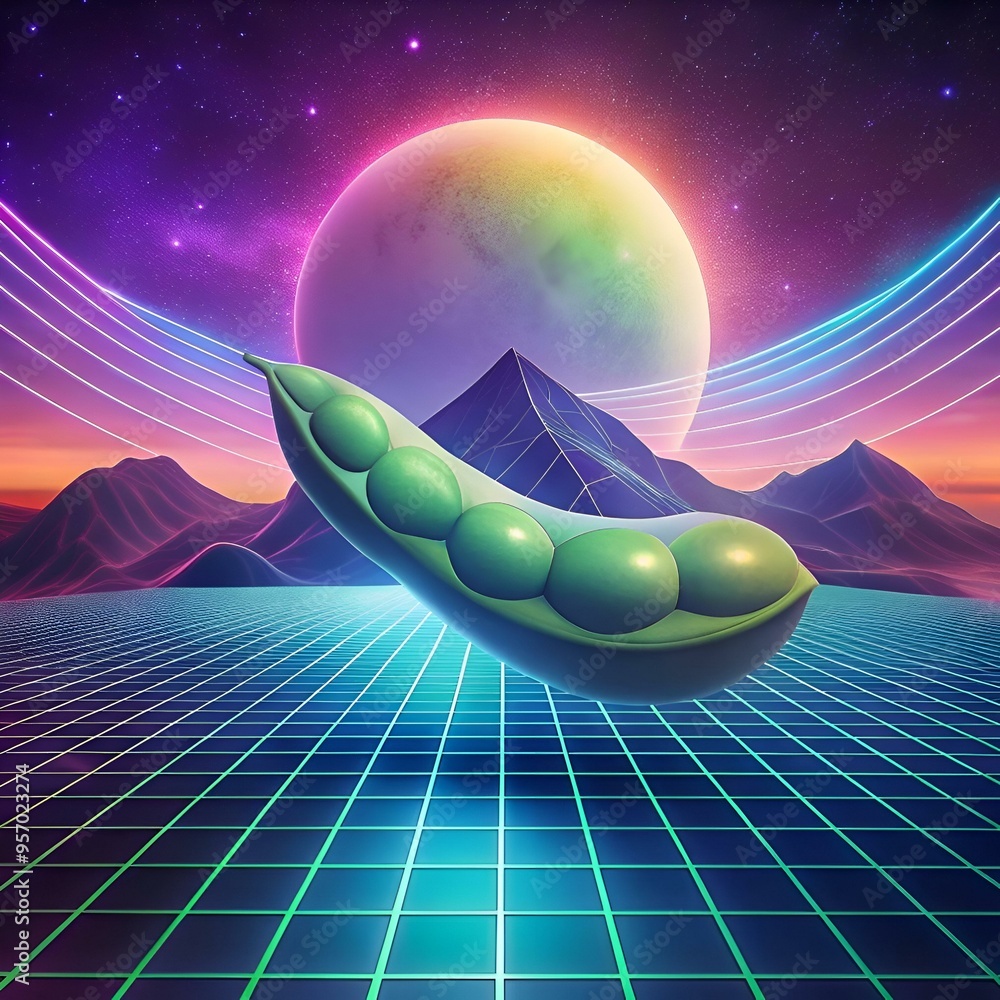 Poster a vibrant 3d rendering of a pea pod floating in a retro futuristic landscape with a planet. glowing 