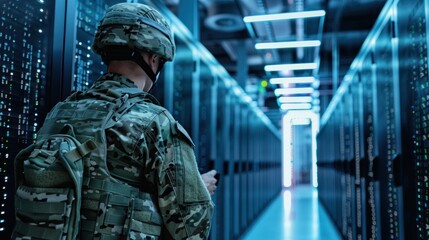 A man in a military uniform is standing in front of a computer server room