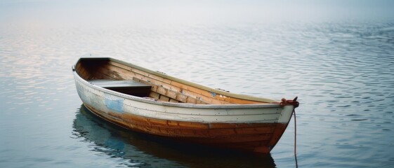 Obraz premium An old wooden boat rests peacefully on still waters, evoking a sense of serenity and timelessness in its quiet, reflective scene.