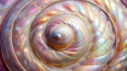 Delicate, swirling patterns adorn the exterior of a prized mollusk shell, its glossy, pearlescent surface reflecting subtle shades of pink, white, and lavender hues.