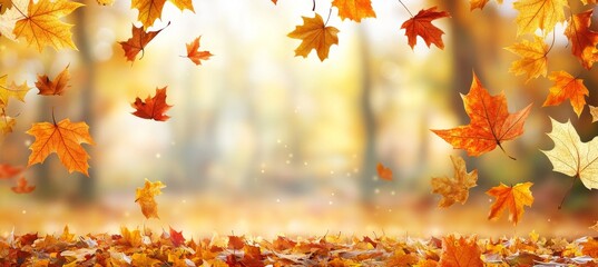 Autumn maple leaves on a colorful autumn landscape. Falling leaves.