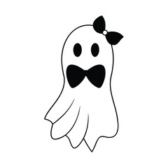 Fototapeta premium Cute Halloween pink ghost with a coquette bow vector illustration. Perfect for girly, stylish designs, stickers, decor, and fun Halloween-themed projects.