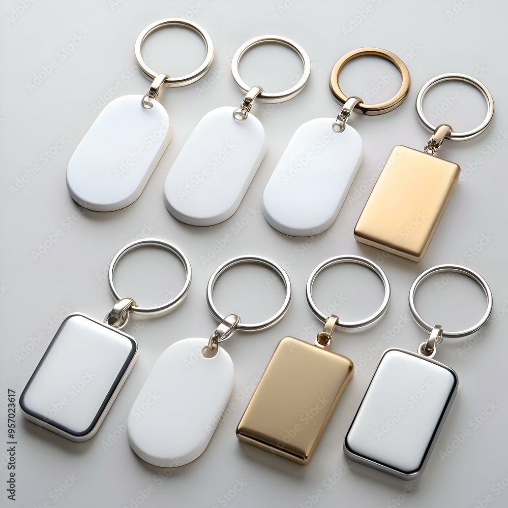 Poster set of 8 blank keychains. perfect for branding and customization.