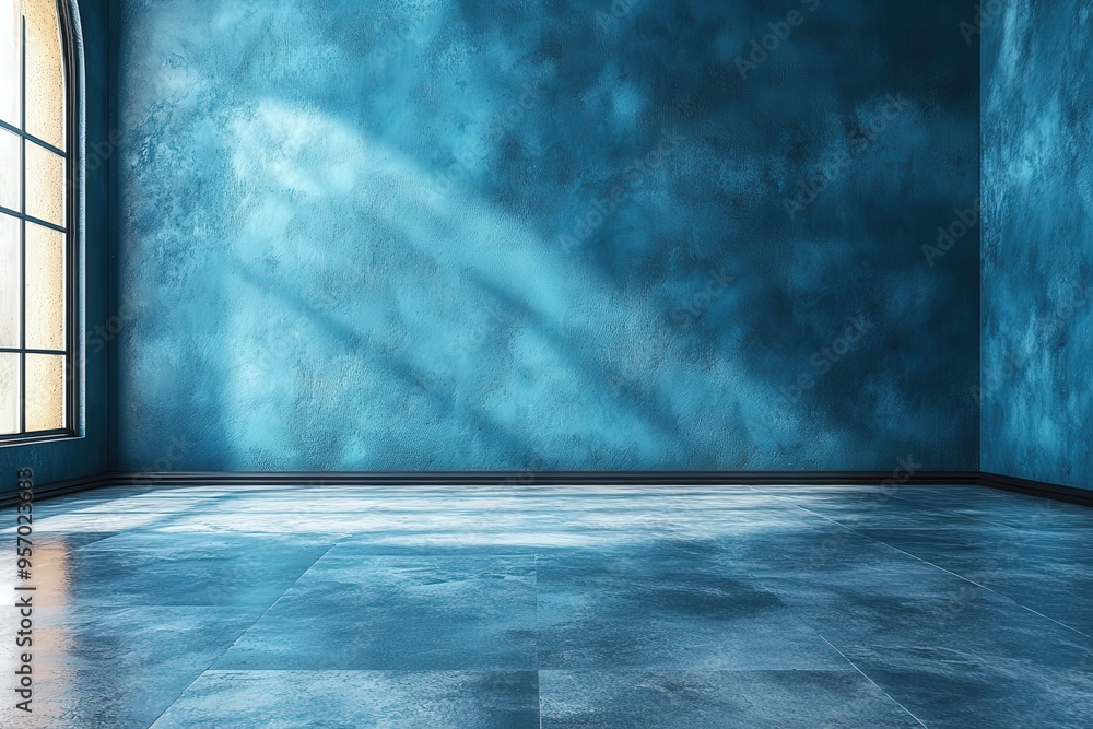 Poster azure sanctuary: empty room bathed in blue with sunlight streaming through a window, creating an eth
