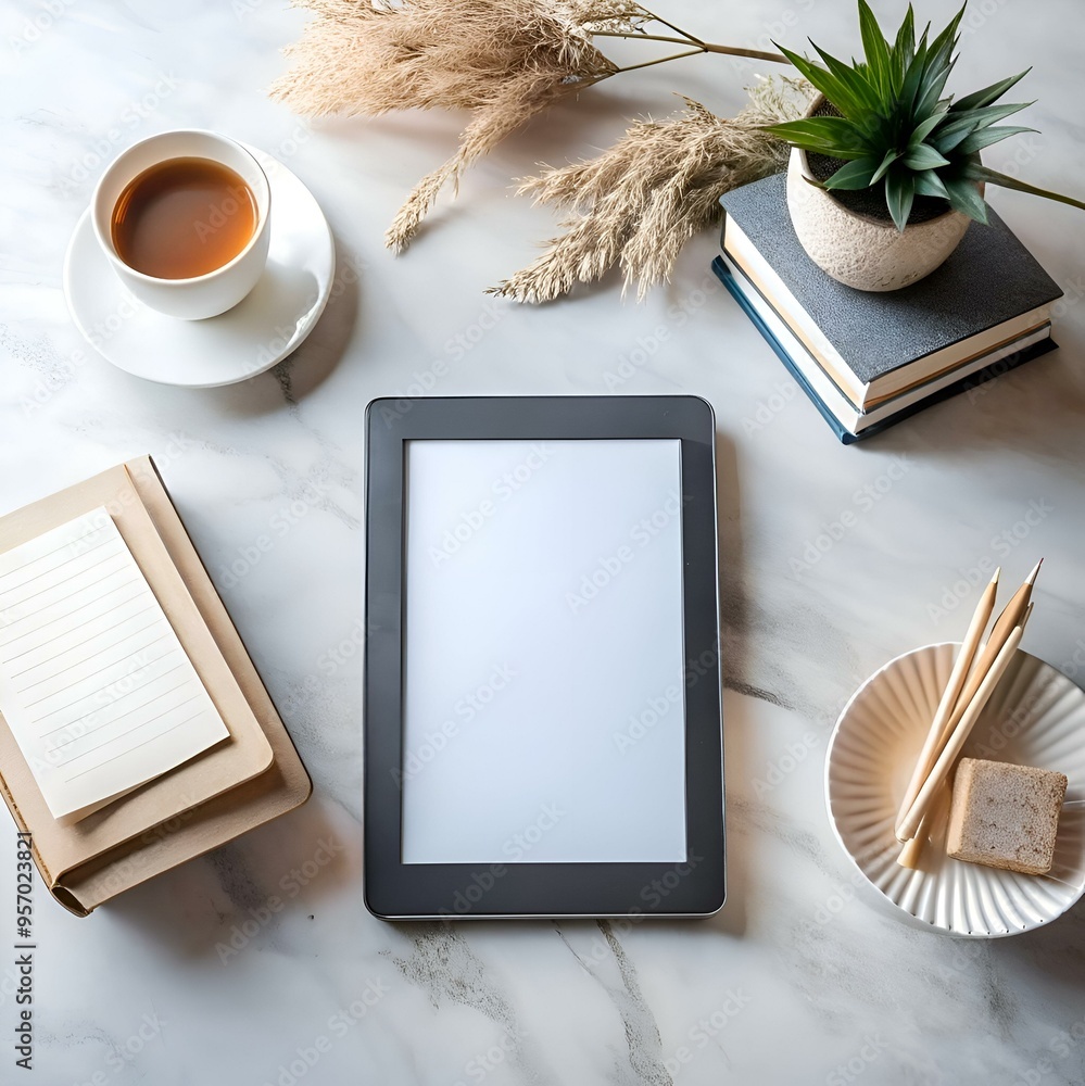Poster a modern e reader mockup featuring a sleek black e reader device on a stylish marble surface.