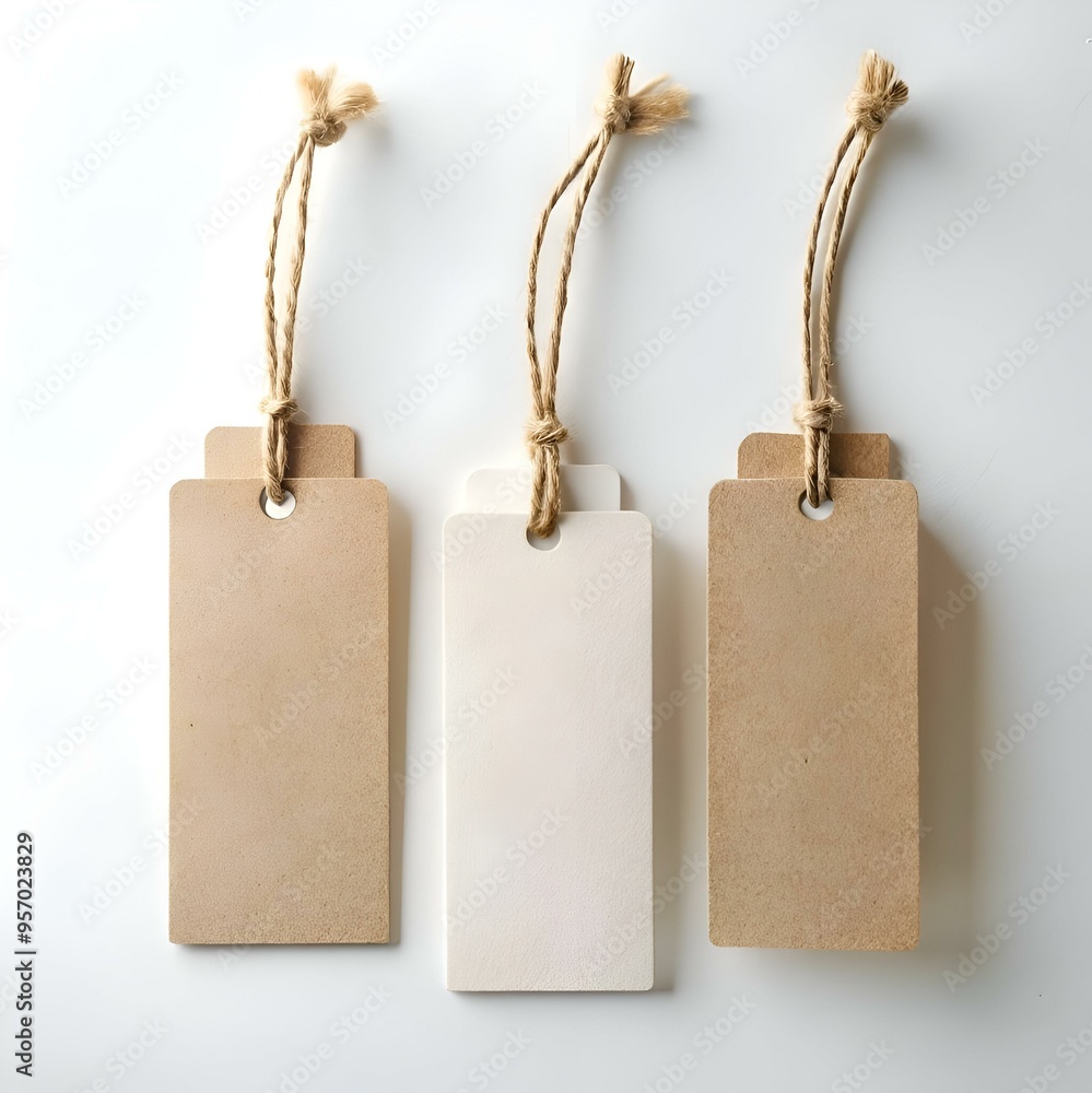 Poster three blank. kraft paper tags with twine. perfect for adding your own text. designs. or branding.