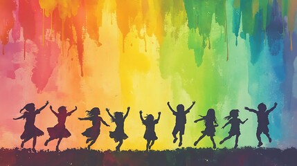 Joyful Silhouette of Children Playing and Laughing Against a Colorful Rainbow Background