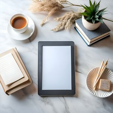 A modern e reader mockup featuring a sleek black e reader device on a stylish marble surface.
