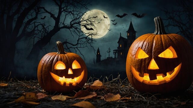 Calabazas diab&oacute;licas para la fiesta de Halloween en el bosque malvado. Las calabazas malvadas para la fiesta de Halloween en el bosque malvado descansan sobre la hierba muerta