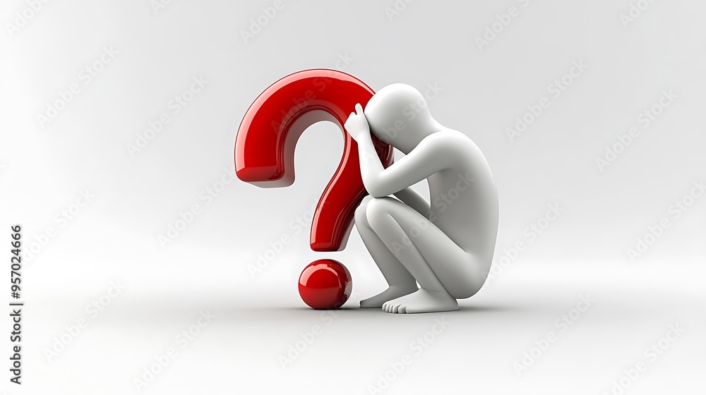 Poster creative conceptual 3d icon of thinking person leaning on red question mark - high-resolution white 