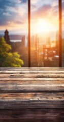 wooden table with blurred cityscape background