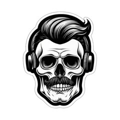 Fototapeta premium A strikingly detailed pop art sticker of a DJ skull adorned with a handlebar mustache and a stylish posh undercut haircut against a solid black background. Intricate Pop Art Sticker of DJ Skull with