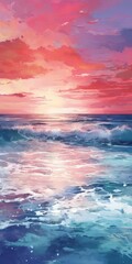 Naklejka premium sunset over the ocean with waves and clouds