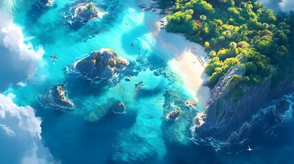 Graphic Tropical Paradise, an aerial view of a tropical archipelago with crystal-clear waters and sandy beaches, bright and colorful palette, soft, diffuse lighting, stylized with clean lines and
