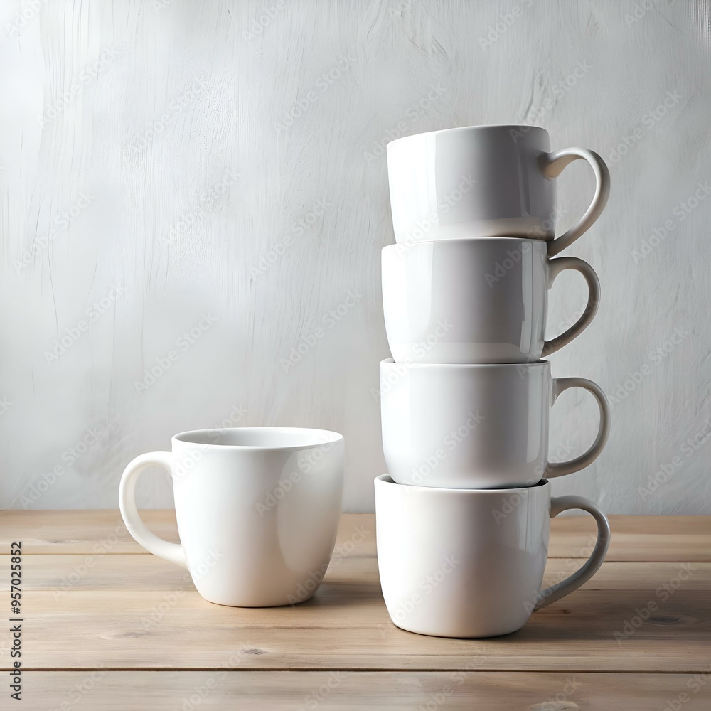 Poster a stack of four white coffee mugs. with one mug on the table in front of them. against a simple whit