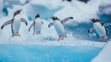 Obraz premium Penguins Jumping in the Antarctic Ocean