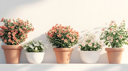 Fototapeta premium Elegant Ornate Floral Signage with Blooming Potted Plants on White Background