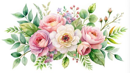 Fototapeta premium Delicate watercolor floral arrangement on a blank greeting card, with gentle blooms and lush greenery, perfect for spring or Mother's Day celebrations and card making.
