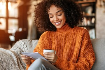 Happy cute lady writing notes on a diary while drinking a cup of tea and taking a break. Autumn colors with people enjoying home lifestyles writing messages.