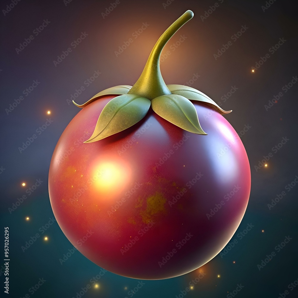 Poster a vibrant. 3d rendering of a red tomato with green leaves. illuminated by a soft. golden glow.