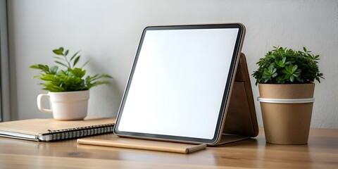 Fototapeta premium A sleek tablet in a brown case rests on a wooden desk. ready for your design.