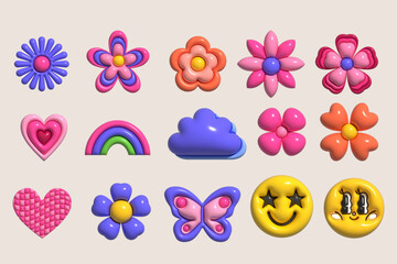 Colorful y2k pop retro style 3d inflated icons. Glossy inflated y2k decoration icon
