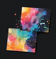 two colorful watercolor cards on black background