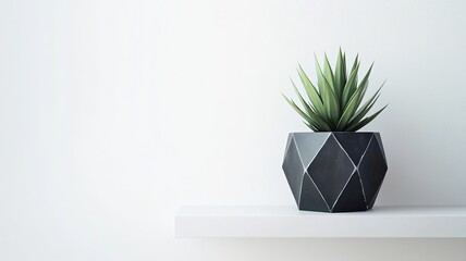 A sleek geometric concrete planter sits on a white shelf against a white wall with a copy space image The pot is painted in lovely black and silver hues 