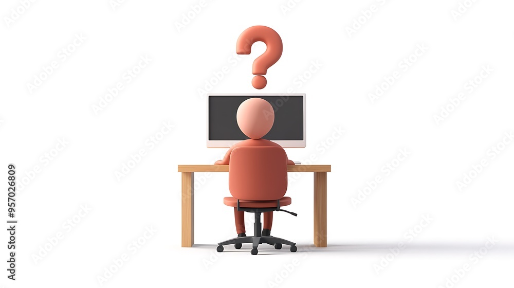 Fototapete modern 3d icon of person at desk with computer and question mark | clear high-resolution image