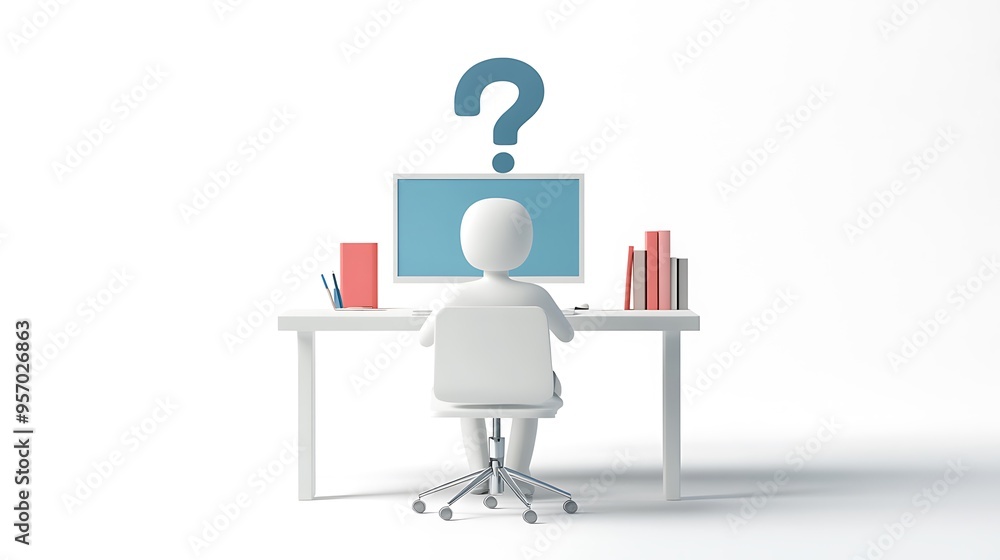 Poster modern 3d business concept - person sitting at desk with computer and question mark on white backgro