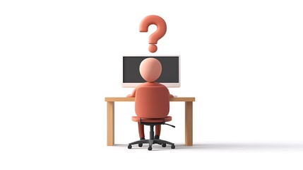 Modern 3D Icon of Person at Desk with Computer and Question Mark | Clear High-Resolution Image