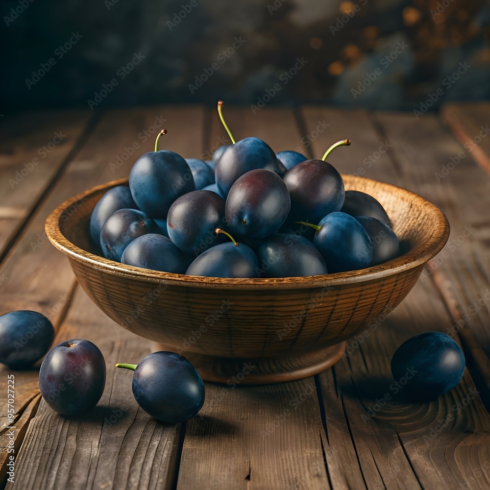 Poster a rustic wooden bowl overflows with plump. juicy plums. creating a visually appealing and appetizing