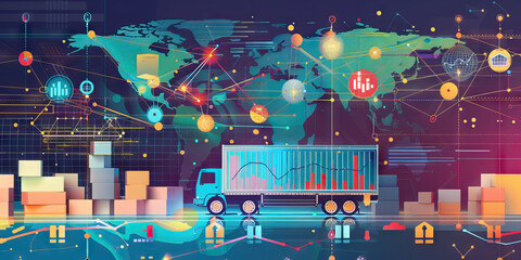 Supply Chain Efficiency Analysis: Map-inspired background illustrates distribution networks, with key performance indicators highlighted in a contrasting color.