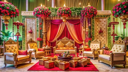 Traditional Indian wedding setup with ornate furniture, lavish decorations, and an array of gifts symbolizing wealth and prosperity, emphasizing the concept of dowry.