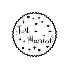 Obraz premium JUST MARRIED hand lettering, vector illustration. Hand drawn lettering card background. Modern handmade calligraphy. Hand drawn lettering element for your design. 