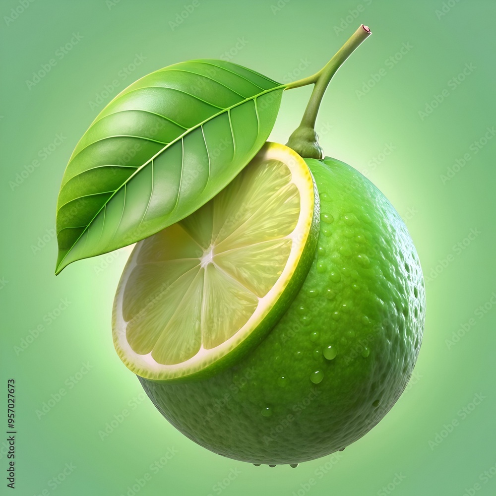 Poster a fresh. juicy lime with a sliced segment and a vibrant green leaf. perfect for adding a touch of ci