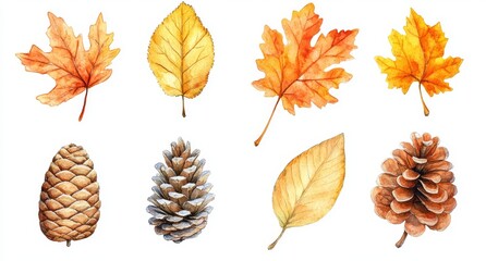 Obraz premium A watercolor collection of autumn leaves, berries, and pine cones on a white background.
