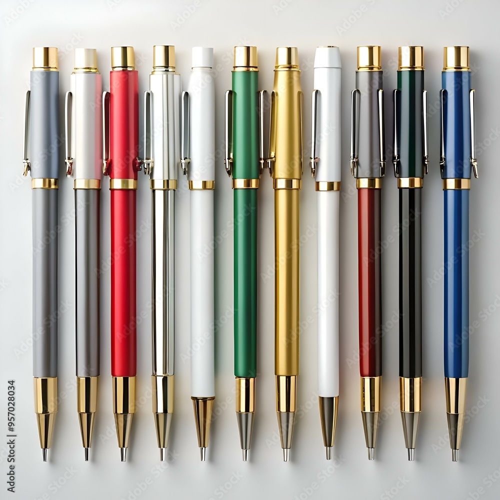 Poster a row of ten sleek pens with gold accents. perfect for adding a touch of elegance and sophistication