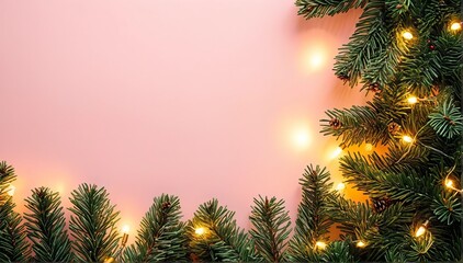 Pink Xmas background with pine tree branches, gold snowflakes, balls, garland. Christmas frame, greeting card template, banner mockup.